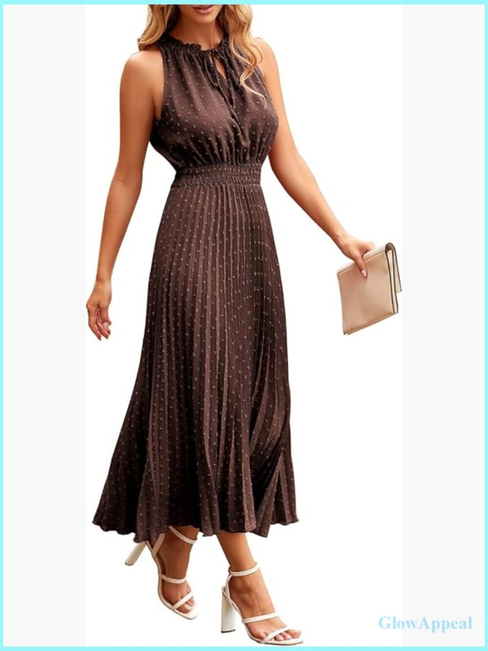 Swiss Dot Midi Dress with V-Neck and Ruffled Hem Sleeveless